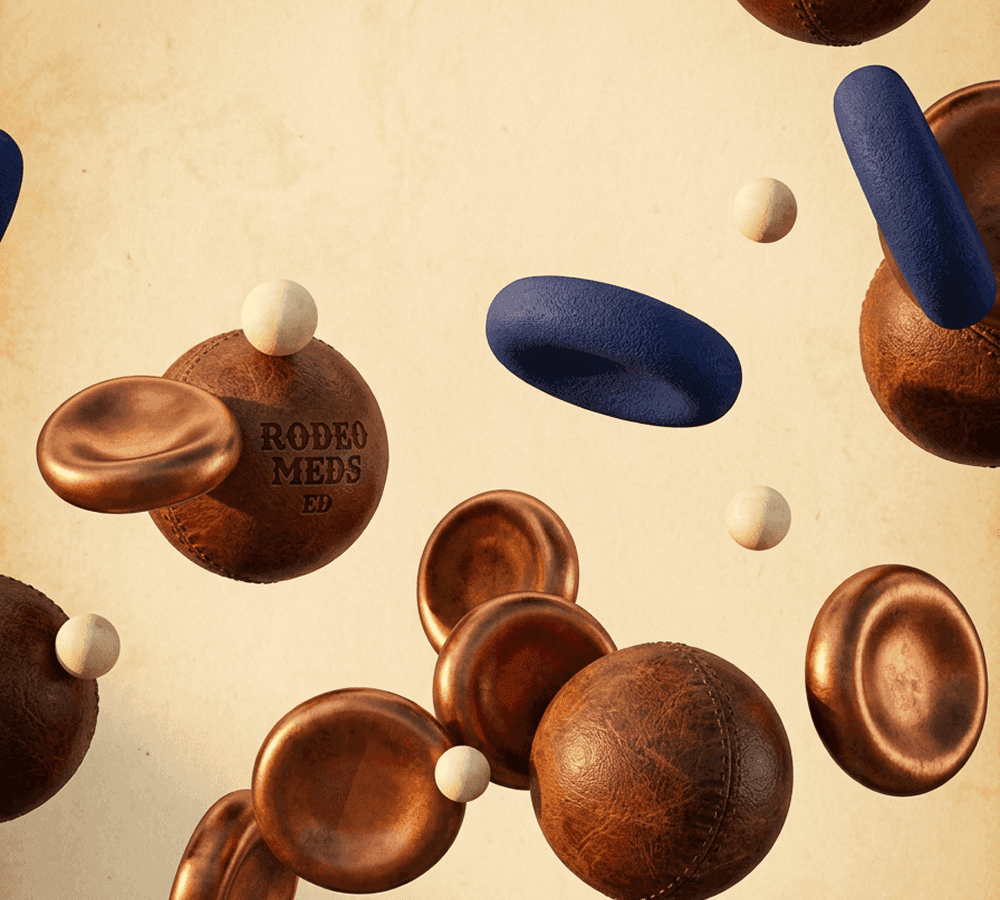 Illustration of red blood cells and blue capsules representing blood flow and arousal